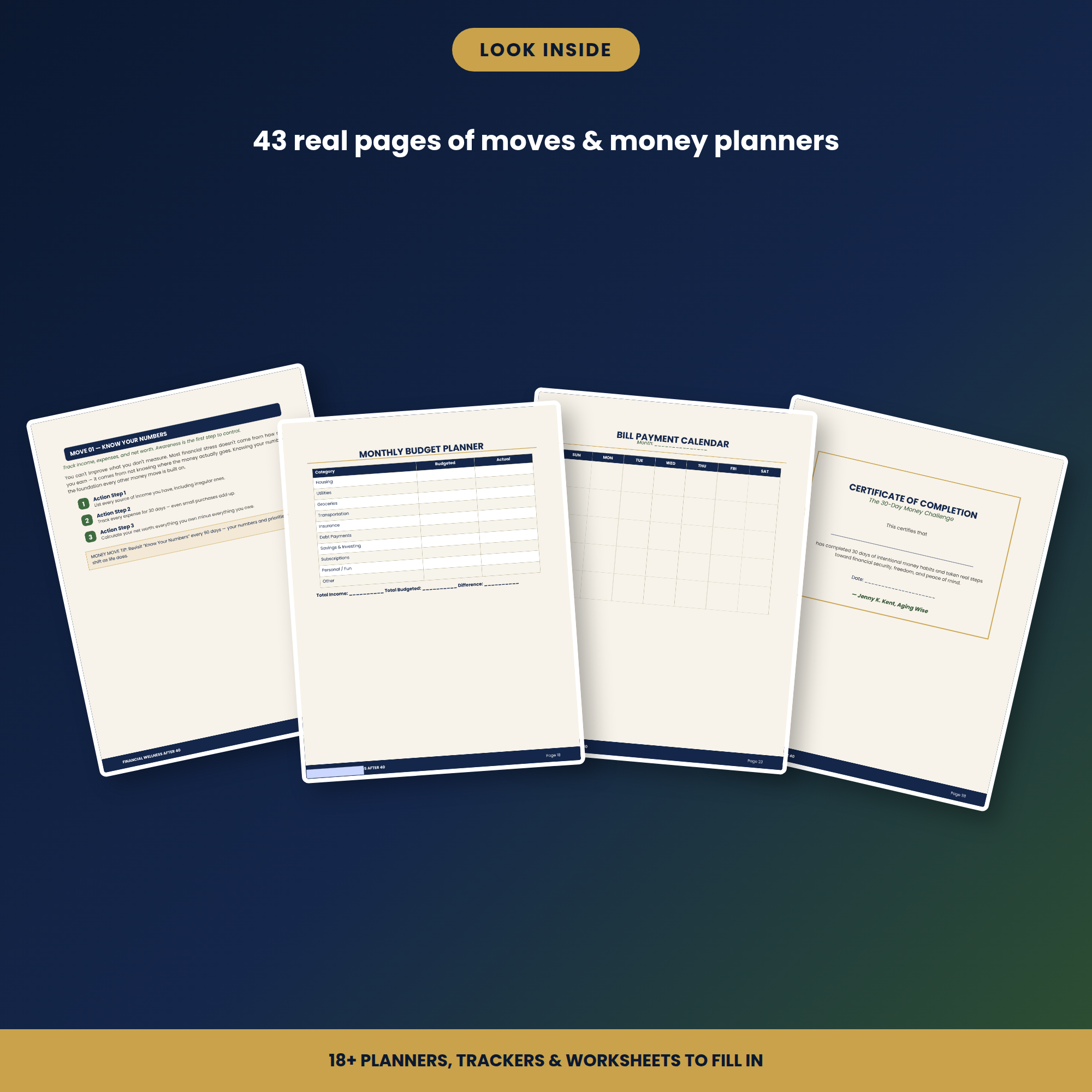 Financial Planner PDF Bundle | 43-Page Fillable Budget Workbook | Debt Payoff Savings Net Worth Tracker, Retirement Planning Over 40