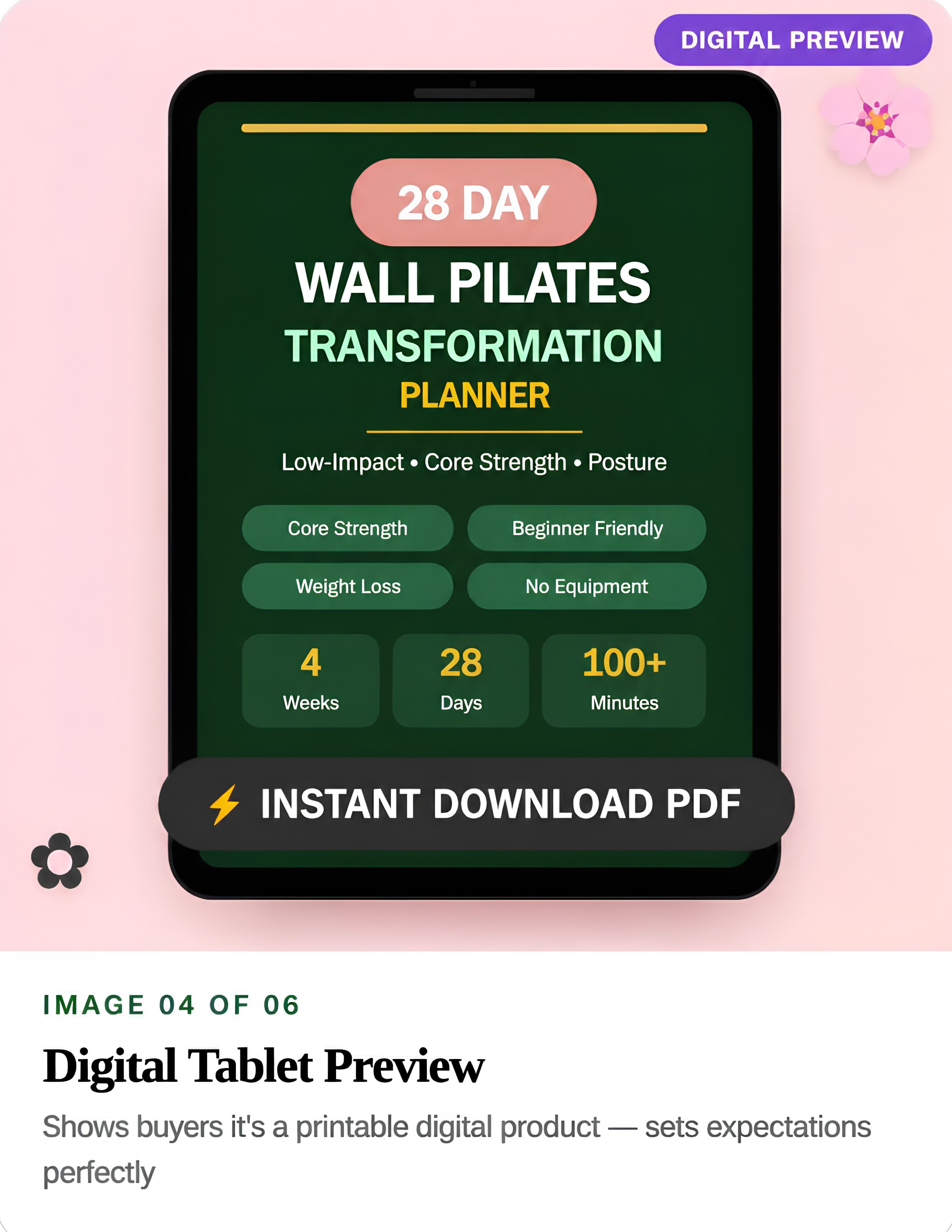 28 Day Wall Pilates Planner PDF, At Home Workout Journal, Low Impact Fitness Digital Download, Core Strength Posture Tracking Template