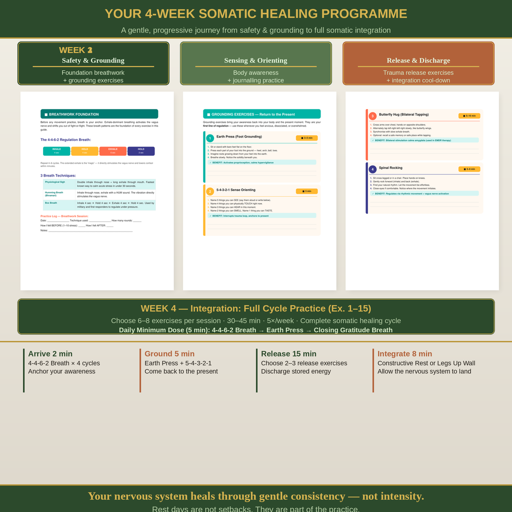 Somatic Healing Workout Guide — 4-Week Trauma Release & Nervous System Regulation PDF | 15 Somatic Exercises for Anxiety, PTSD, Burnout & Stress Relief | No Equipment Needed