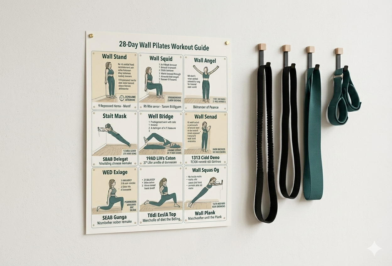 Wall Pilates Exercise Chart Poster, Workout Reference Guide PDF, Home Fitness Routine Graphic, Printable Poster Visual Flashcards