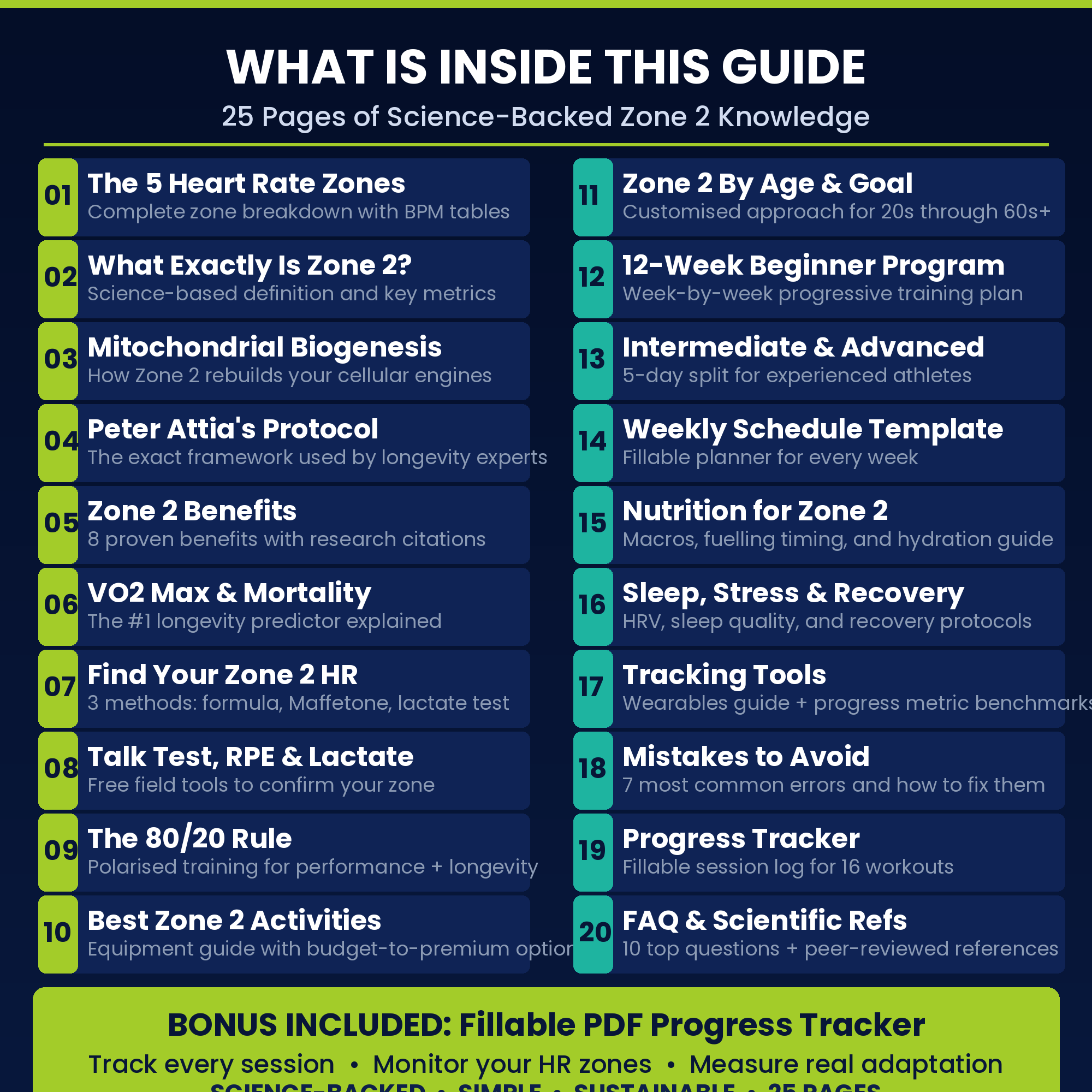 Zone 2 Cardio Guide PDF — Peter Attia Protocol for Longevity, Mitochondrial Health & Fat Burning | 12-Week Low-Intensity Heart Rate Training Plan for Beginners