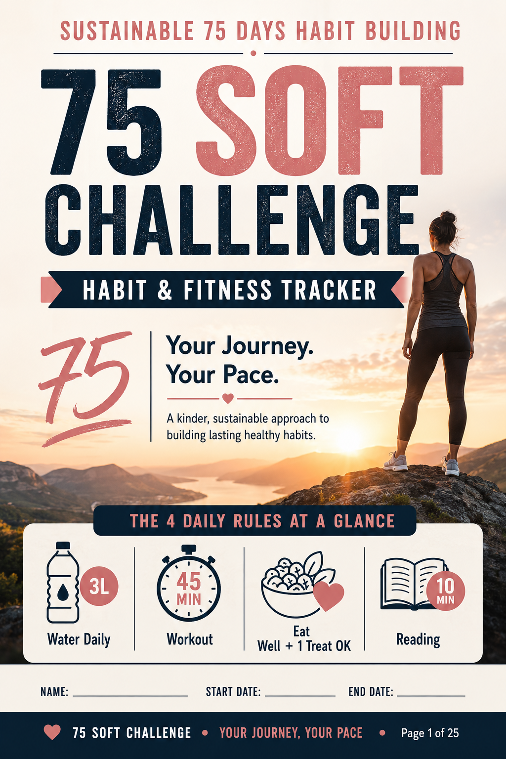 Sustainable 75 Soft Challenge Tracker eBook (Habit & Fitness Plan) | 3L Water, 45-Min Workout, 10-Min Reading