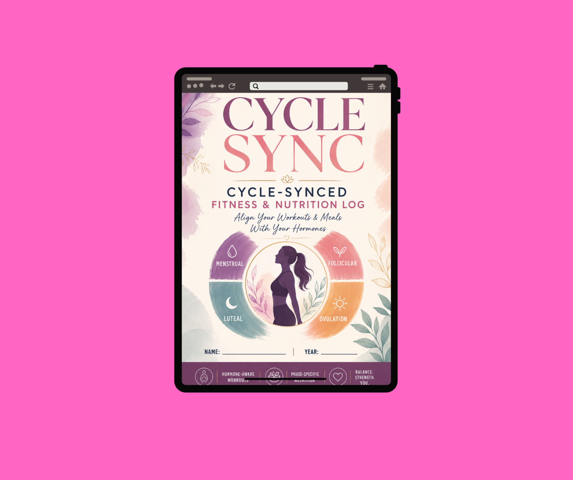 Cycle Synced Fitness & Nutrition Log for Women, Hormone Balance Planner, Menstrual Cycle Workout Tracker, Wellness Journal PDF, Printable Fitness Planner