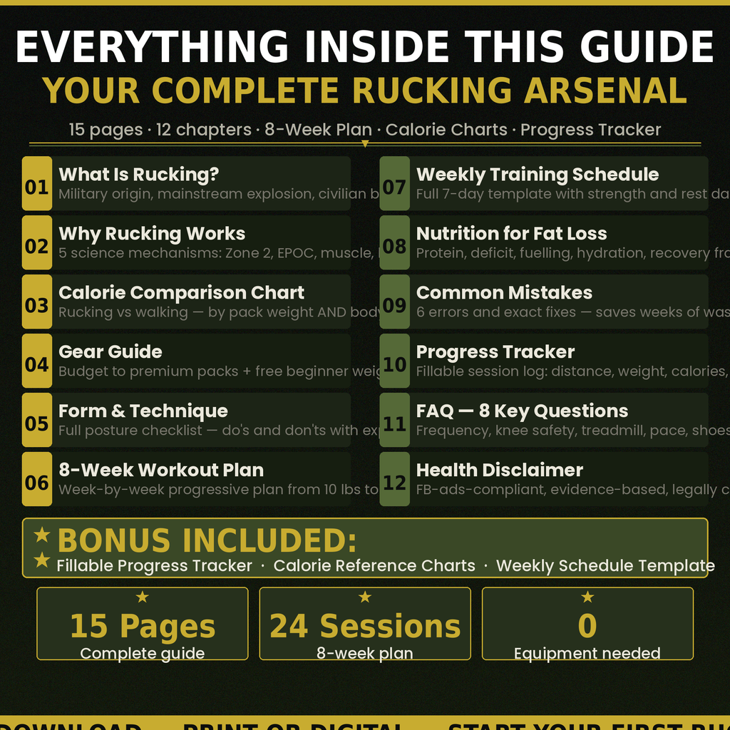 Rucking for Beginners: Complete Workout Plan PDF — Burn 2-3x More Calories Than Walking | 8-Week Weighted Backpack Fat Loss & Muscle-Preserving Cardio Guide