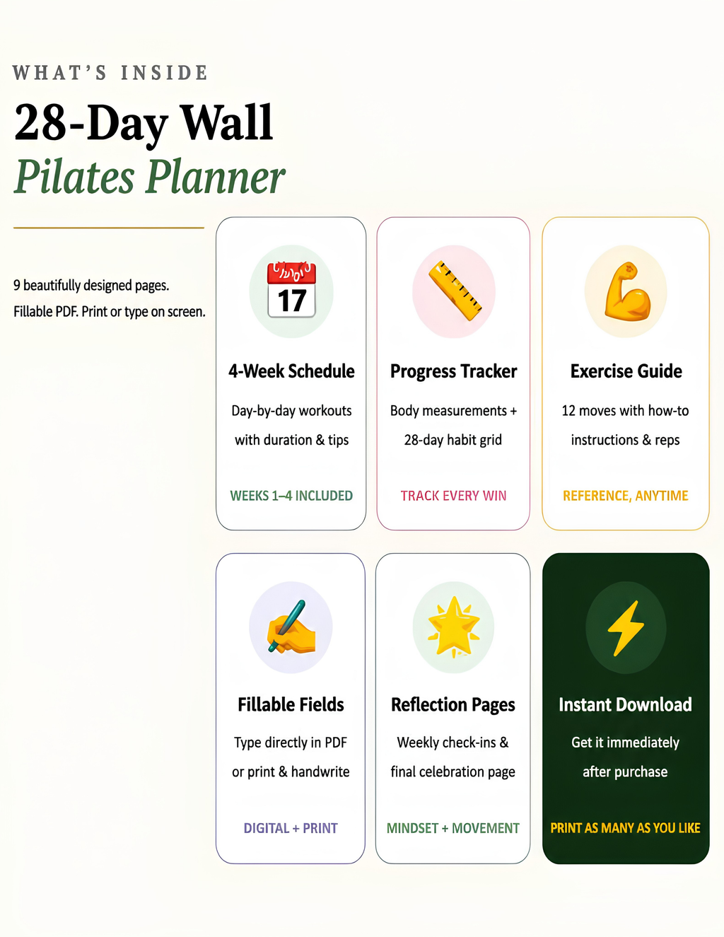 28 Day Wall Pilates Planner PDF, At Home Workout Journal, Low Impact Fitness Digital Download, Core Strength Posture Tracking Template