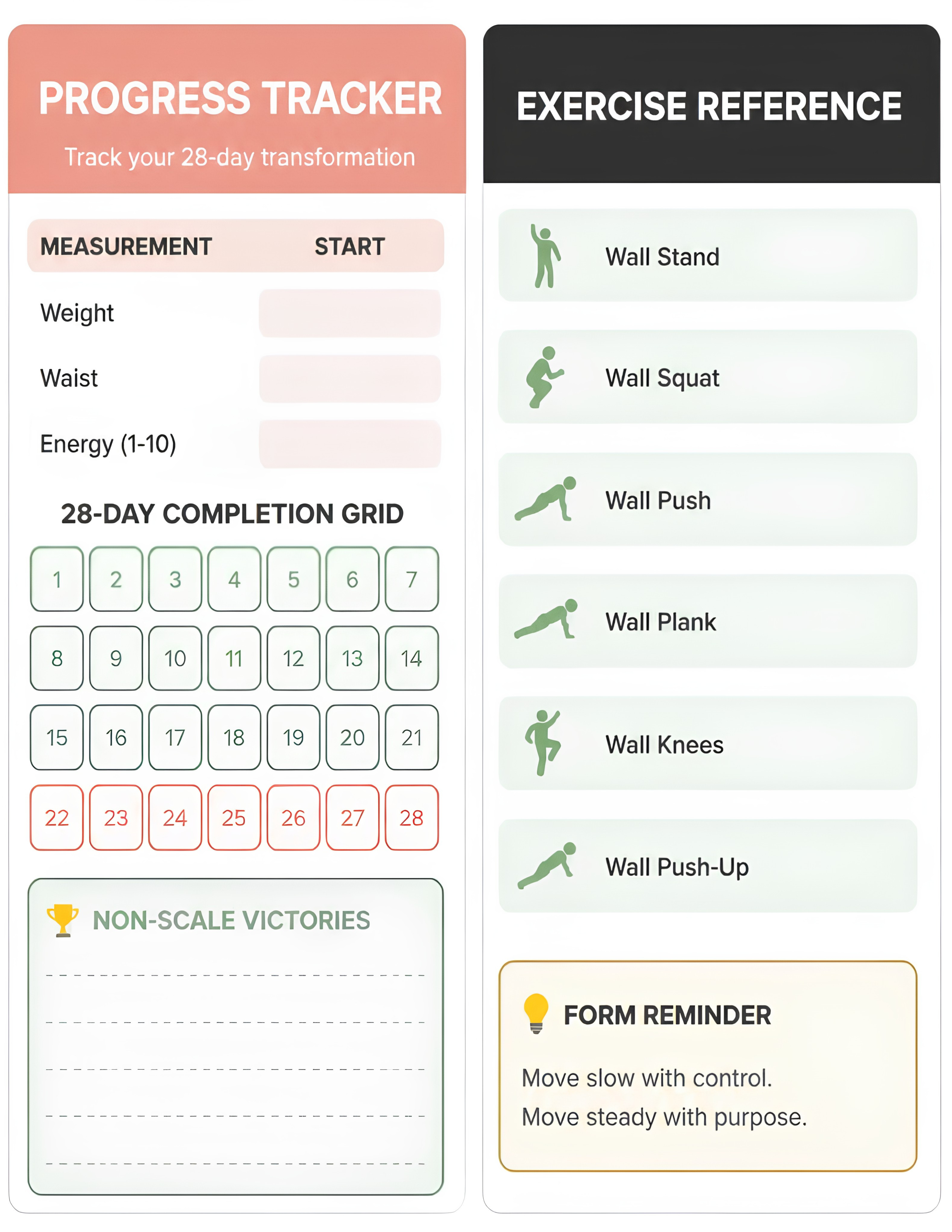 28 Day Wall Pilates Planner PDF, At Home Workout Journal, Low Impact Fitness Digital Download, Core Strength Posture Tracking Template