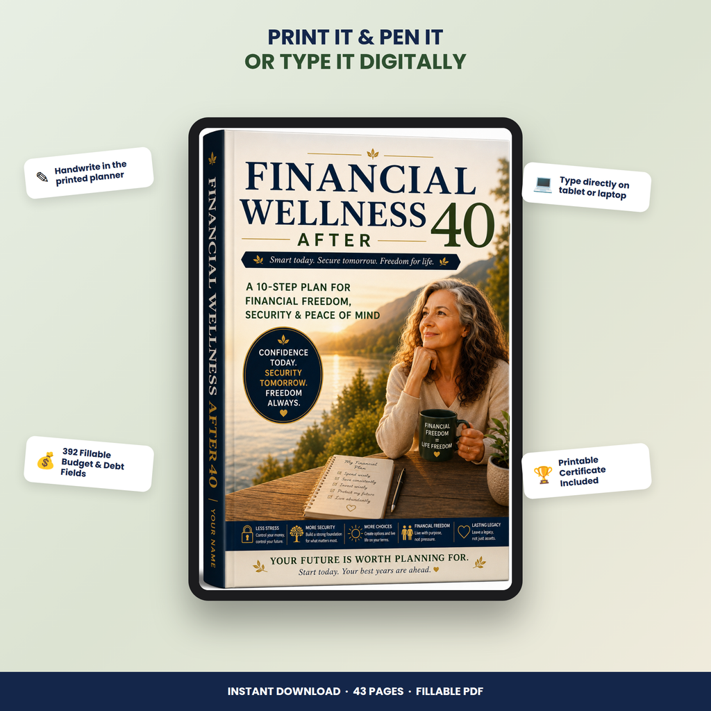 Financial Planner PDF Bundle | 43-Page Fillable Budget Workbook | Debt Payoff Savings Net Worth Tracker, Retirement Planning Over 40