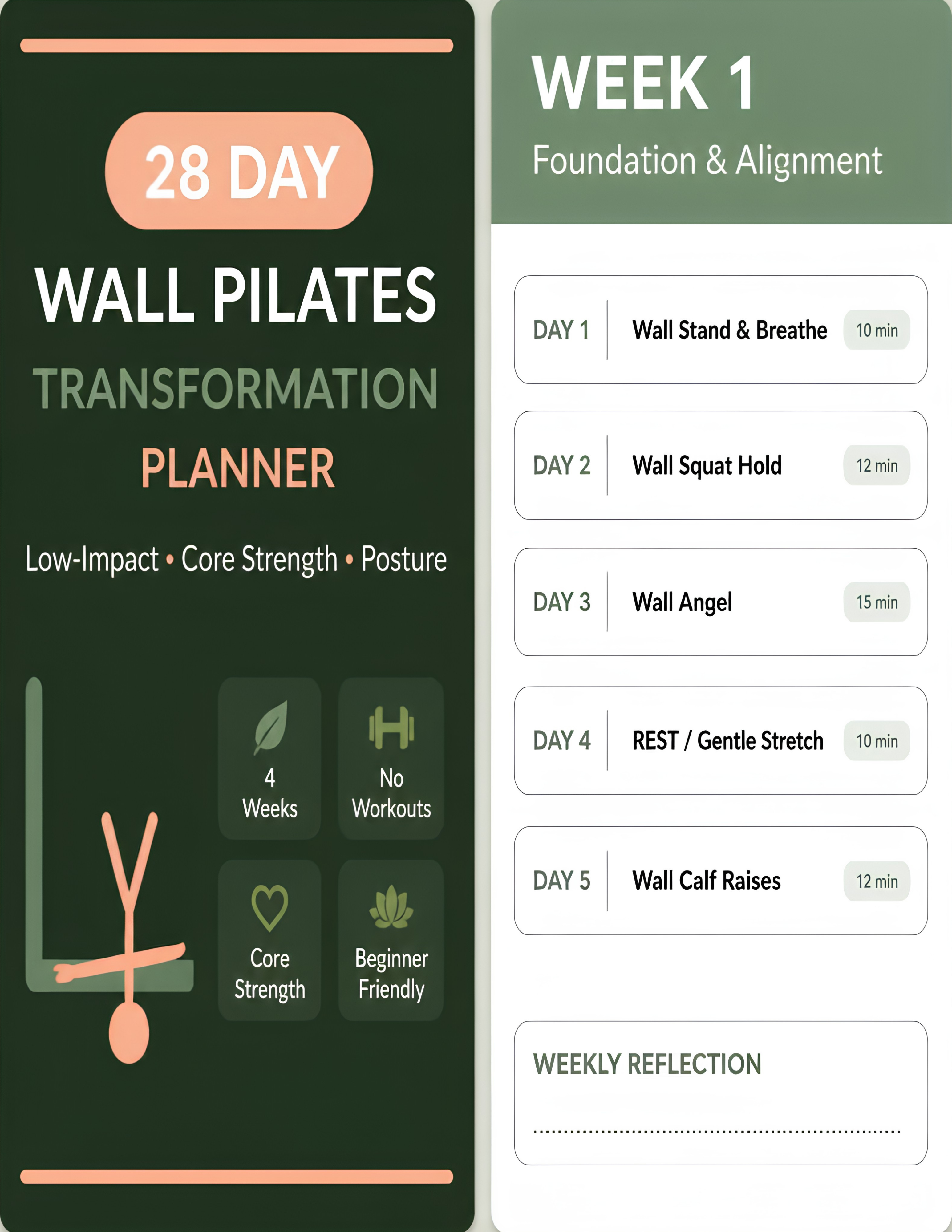 28 Day Wall Pilates Planner PDF, At Home Workout Journal, Low Impact Fitness Digital Download, Core Strength Posture Tracking Template