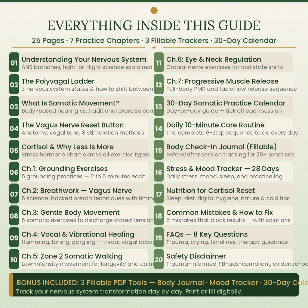 Somatic Exercises for Nervous System Regulation PDF — Vagus Nerve Reset & Trauma Release Workbook | Beginner's Guide to Anxiety Relief, Stress Healing & Low Cortisol in 10 Minutes a Day