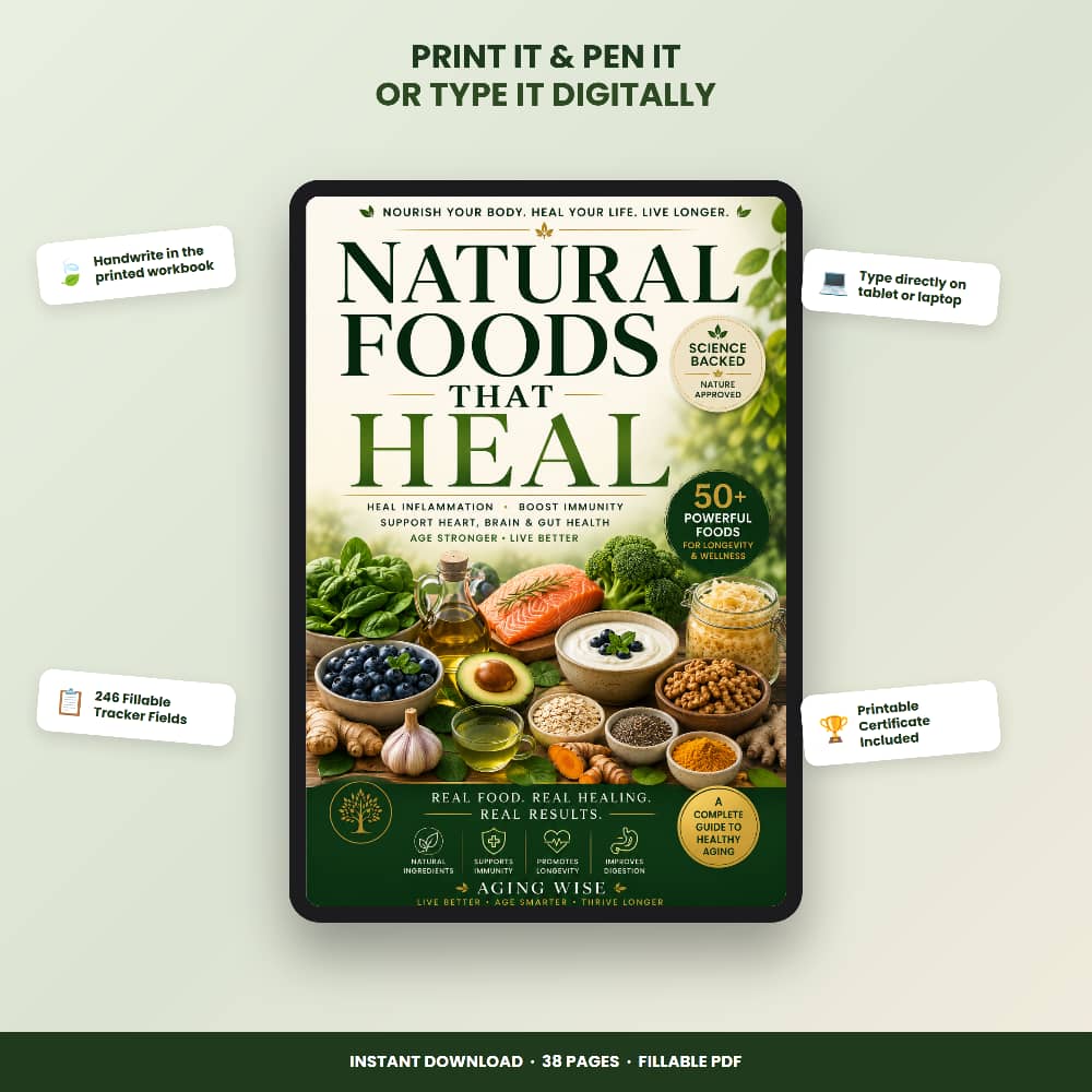 Healthy Aging eBook PDF | 38-Page Fillable Nutrition Workbook | Anti Inflammatory Meal Planner, Healing Foods Guide, Self Care